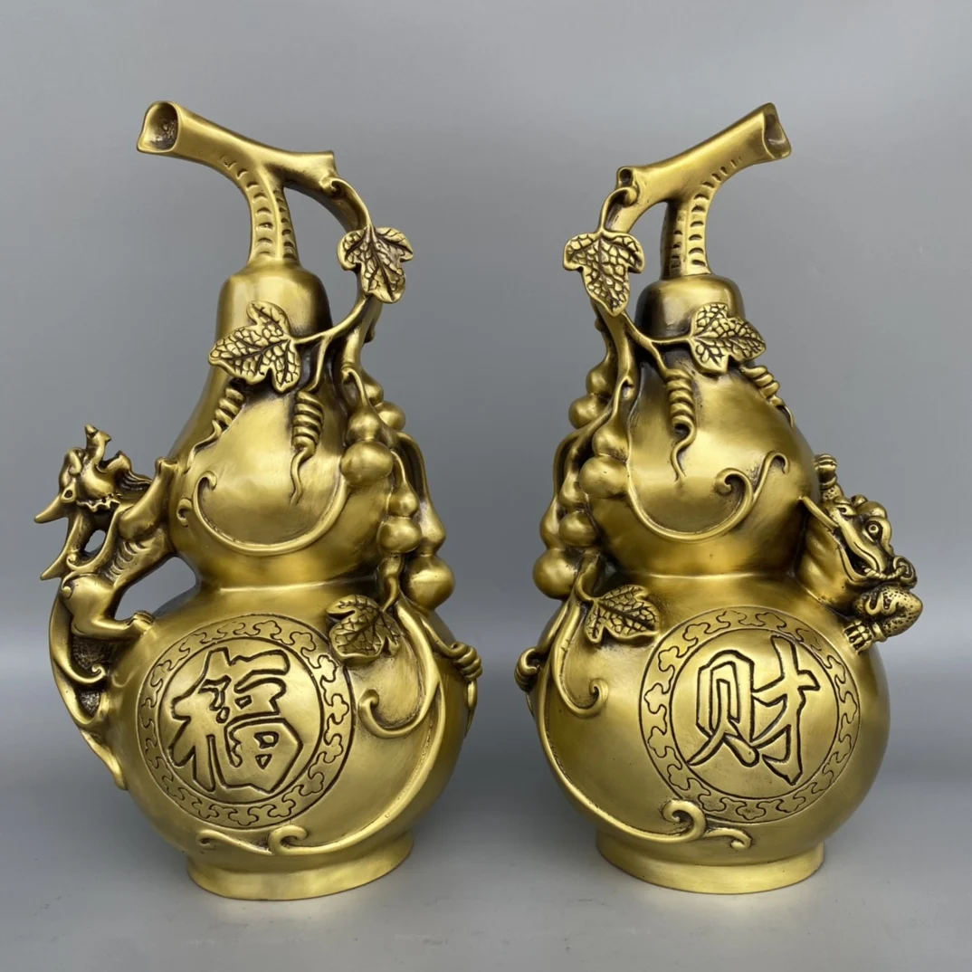 

13"Tibetan Temple Collection Old Brass Pixiu Statue Fortune Belssing Town house Gourd A Pair Amass wealth Ornaments Town house