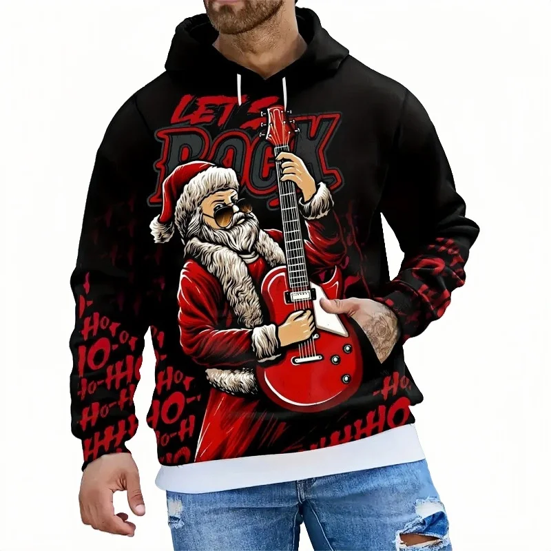 

Fashion Rock Santa Claus Hoodies For Men Christmas Theme Clothing Funny Graphic Printed Top Autumn Winter Thin Casual Sweatshirt