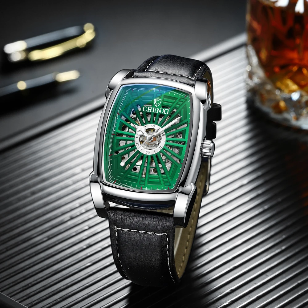 CHENXI Automatic Mechanical Watch for Men Tonneau Shape Skeleton Dial Waterproof Square Wristwatch relojes para hombres