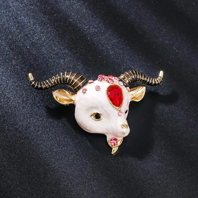 Animal Goat Brooch Pin Vintage Enamel Head with Rhinestone Accent Fine Jewelry Ideal for Mothers Gift