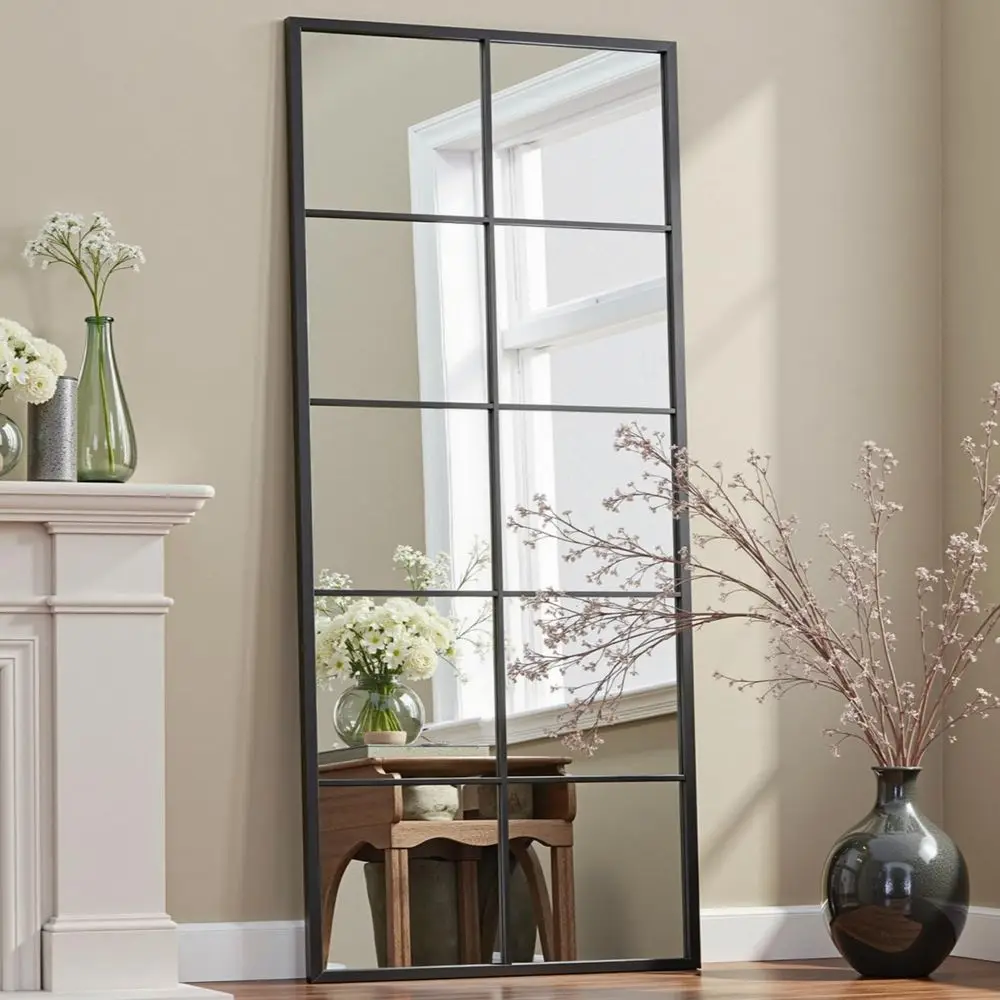 65x24 Window Pane Wall Mirror, Black Frame, Suitable for Hanging or Leaning in Living Rooms and Entryways
