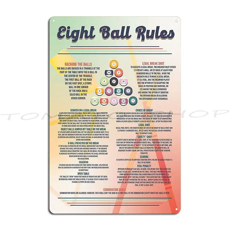 Modern Retro Eight Ball Pool Rules Metal Plaque Bar Wall Decor Pub Mural Pub Customized Tin Sign Poster