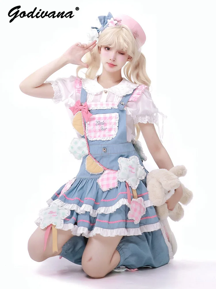 Sweet Asian Culture Soft Girl Suspender Dress Sweet Cool Girls Bow Lolita Straps Dress Spring Summer Y2K Clothes for Women