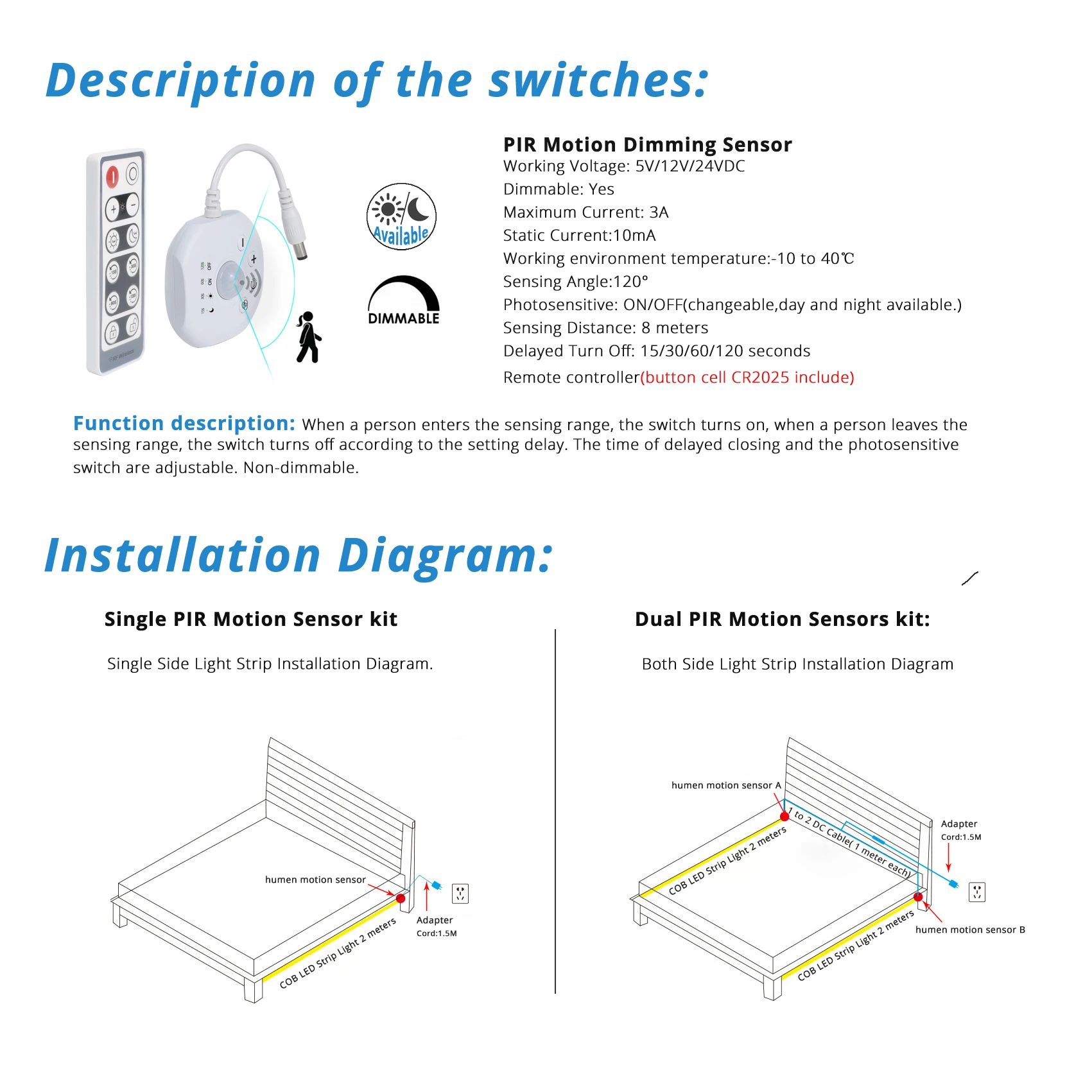 PIR Motion Sensor Dimmer Remote Control Switch Sensing 5V 12V 24V 3A for LED Tape Strip Light