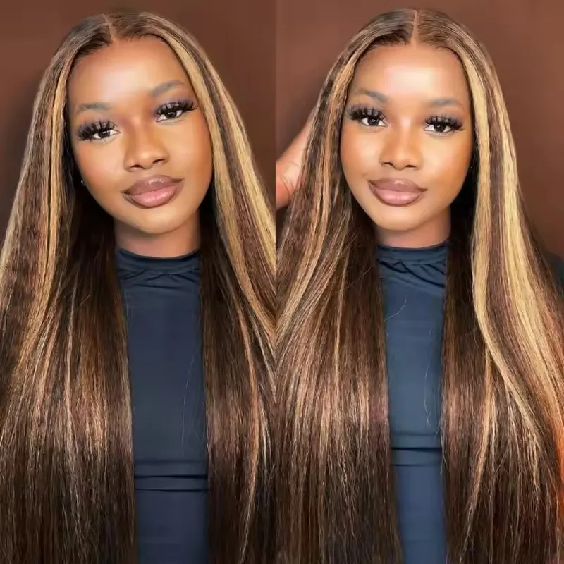 Kinky Straight 100% Remy Echthaar Highlight Honigbraun Leicht zu Tragende Klebefreie Voll-U-Teil-Perücken für Schwarze Frauen Yaki Glattes Haar – Detail 1