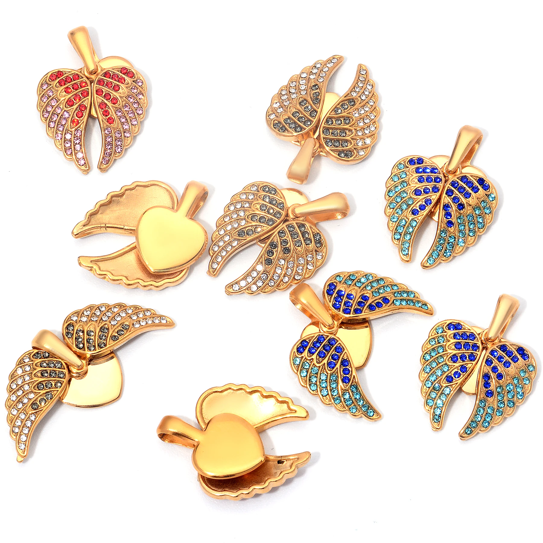10 قطعة أجنحة الملاك على شكل قلب مع دلايات الزركون قلادة DIY بها بنفسك صنع قلادة المفاتيح اكسسوارات بالجملة