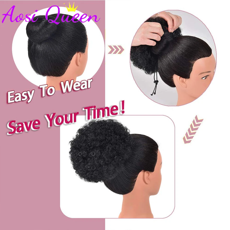 AOSI Synthetic Drawstring Bun Chignon Hair Pieces Silky Afro Black Big Bigger Piano Color with Clip Short Kinky Curly