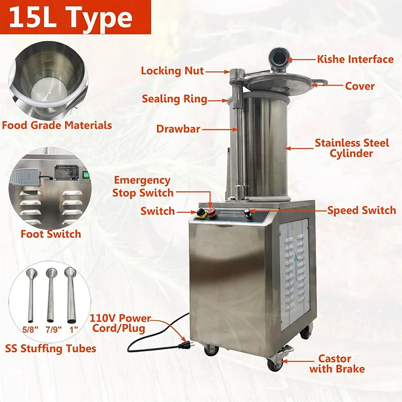 15L 전기 소시지 충전기 유압 자동 소시지 충전기 스테인리스 스틸 소시지 제조기 3개 충전 노즐 포함