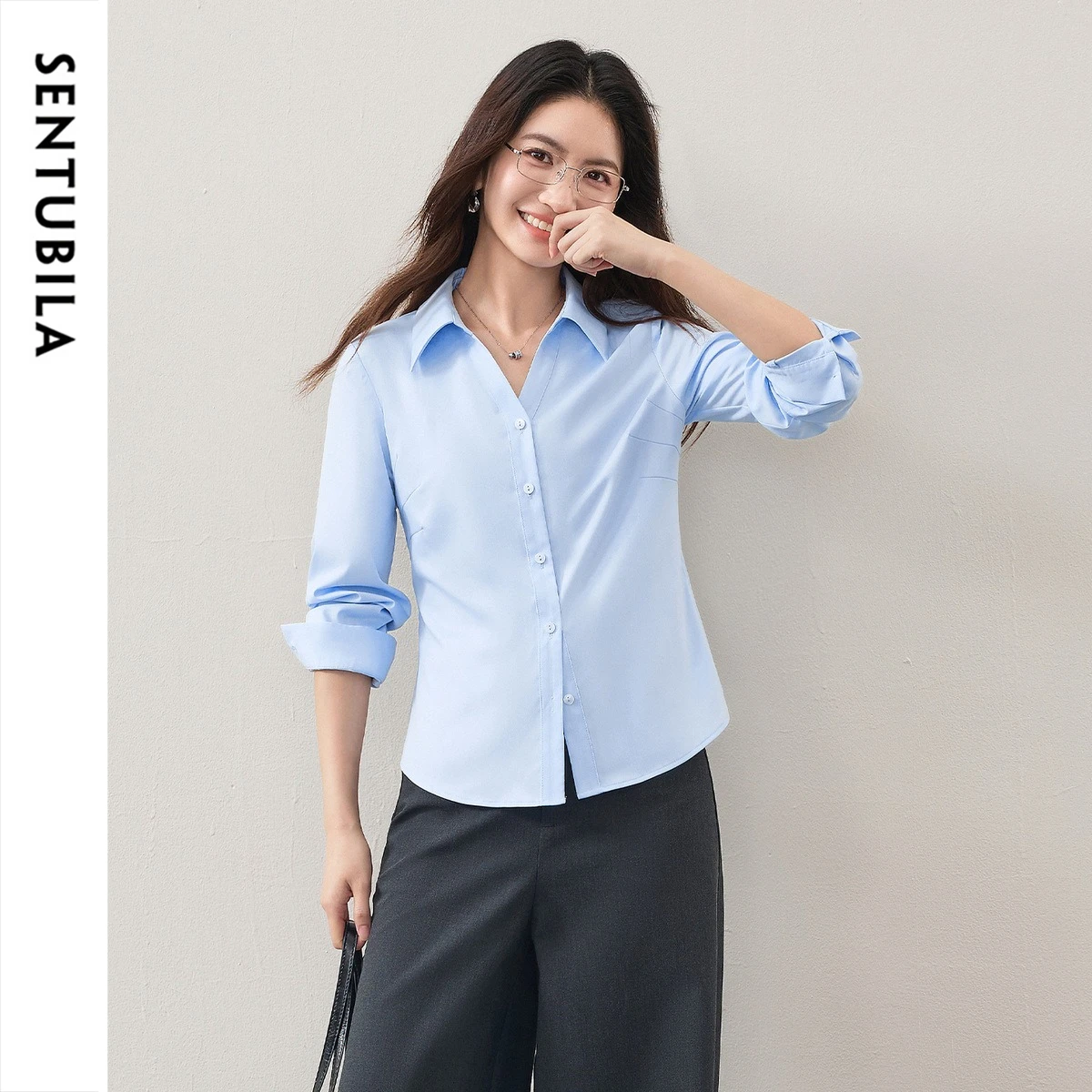 SENTUBILA  2026 New Wrinkle Free Women White Long Sleeve Blouse Slimming Elegant Light Office Commuter Shirt Q63CA7841