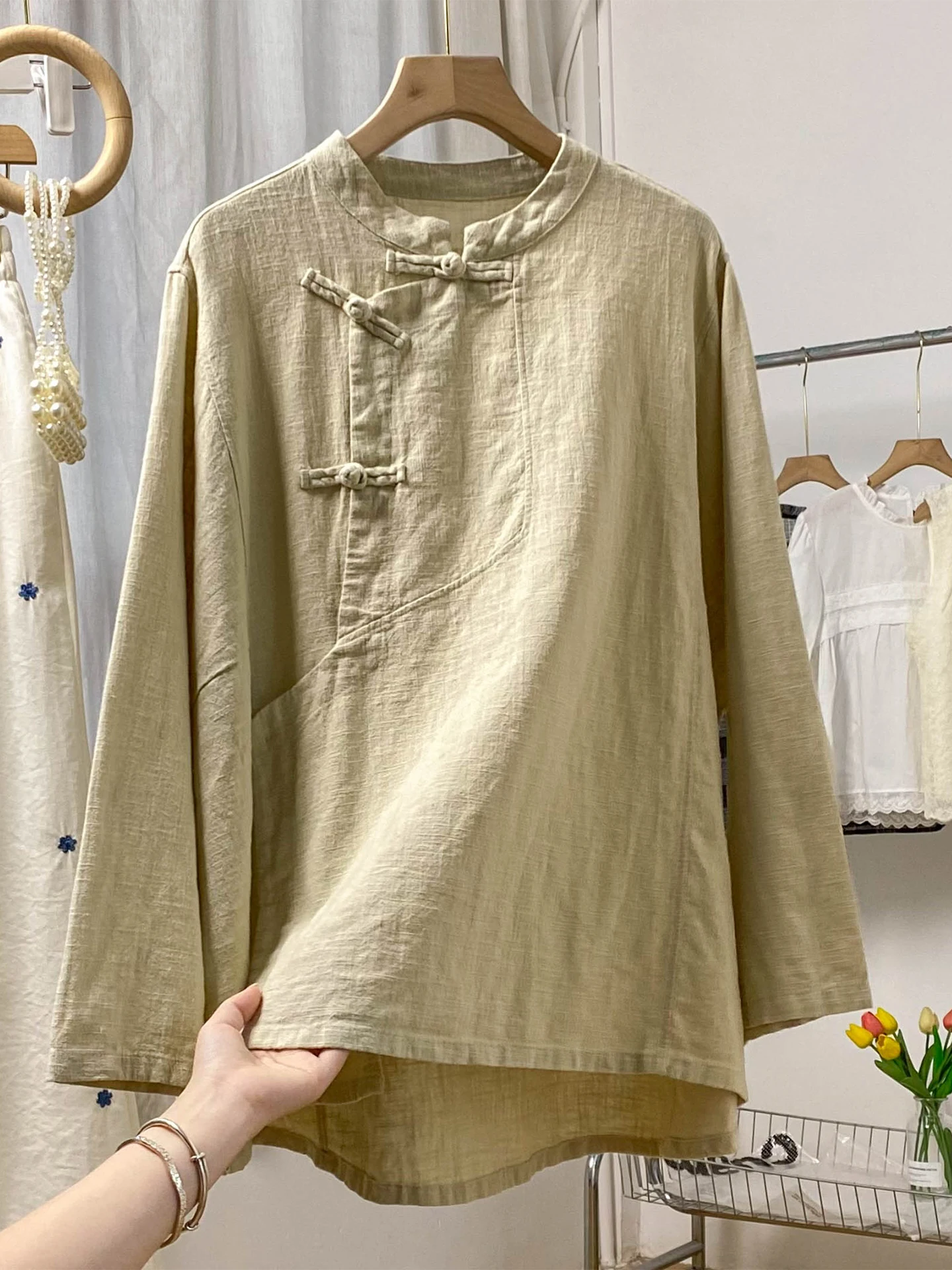 

Новый китайский Zen Sle Long Sve, хлопок и лен, женская осенняя одежда в стиле ретро с воротником-стойкой и боковыми пуговицами, чайная одежда, топ