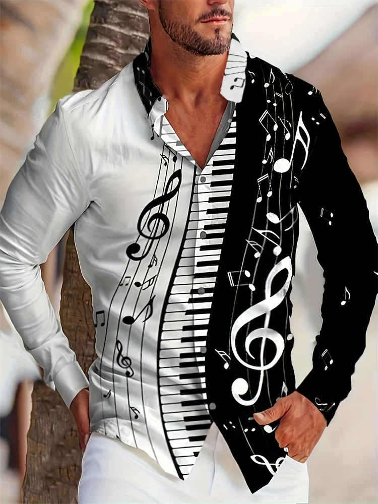 

2024, модная мужская рубашка с музыкальными нотами, топ с лацканами и пуговицами с 3D принтом, рубашка с длинными рукавами, одежда, повседневная повседневная мужская рубашка
