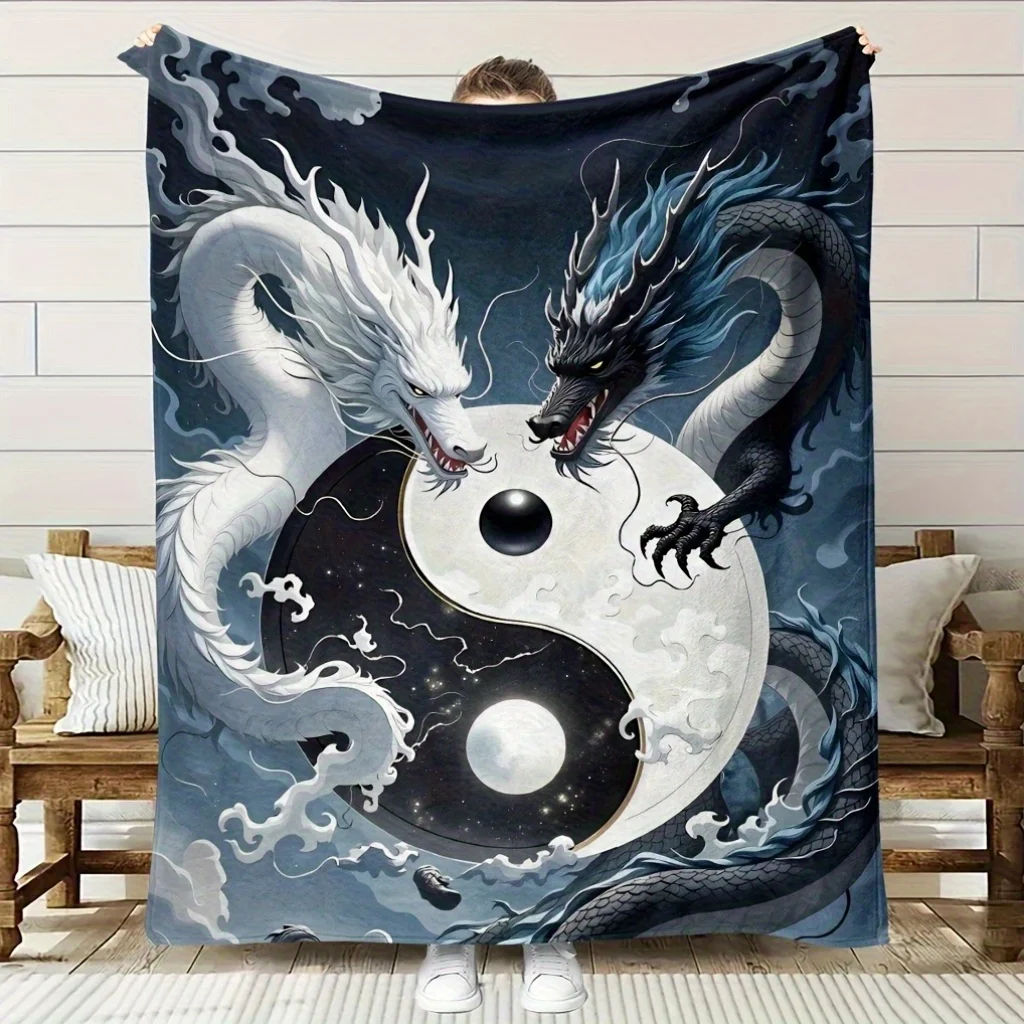 1pc Dragon and White Tiger Theme Flannel Blanket - Soft High-Definition Digital Print, All-Season Cozy Throw with Yin-Yang Desig