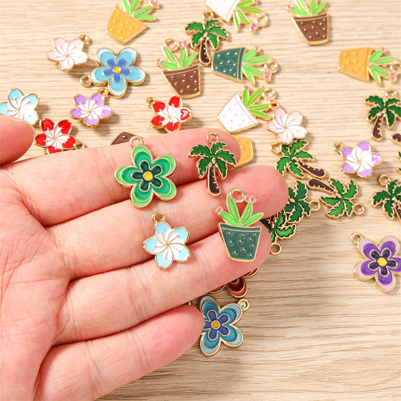 10 Stück niedliche Blumenanhänger, Emaille-Pflanzen- und Topfanhänger für die Herstellung von Halsketten, Ohrringen, DIY-Bastelarbeiten, Schmuckzubehör – Detail 1