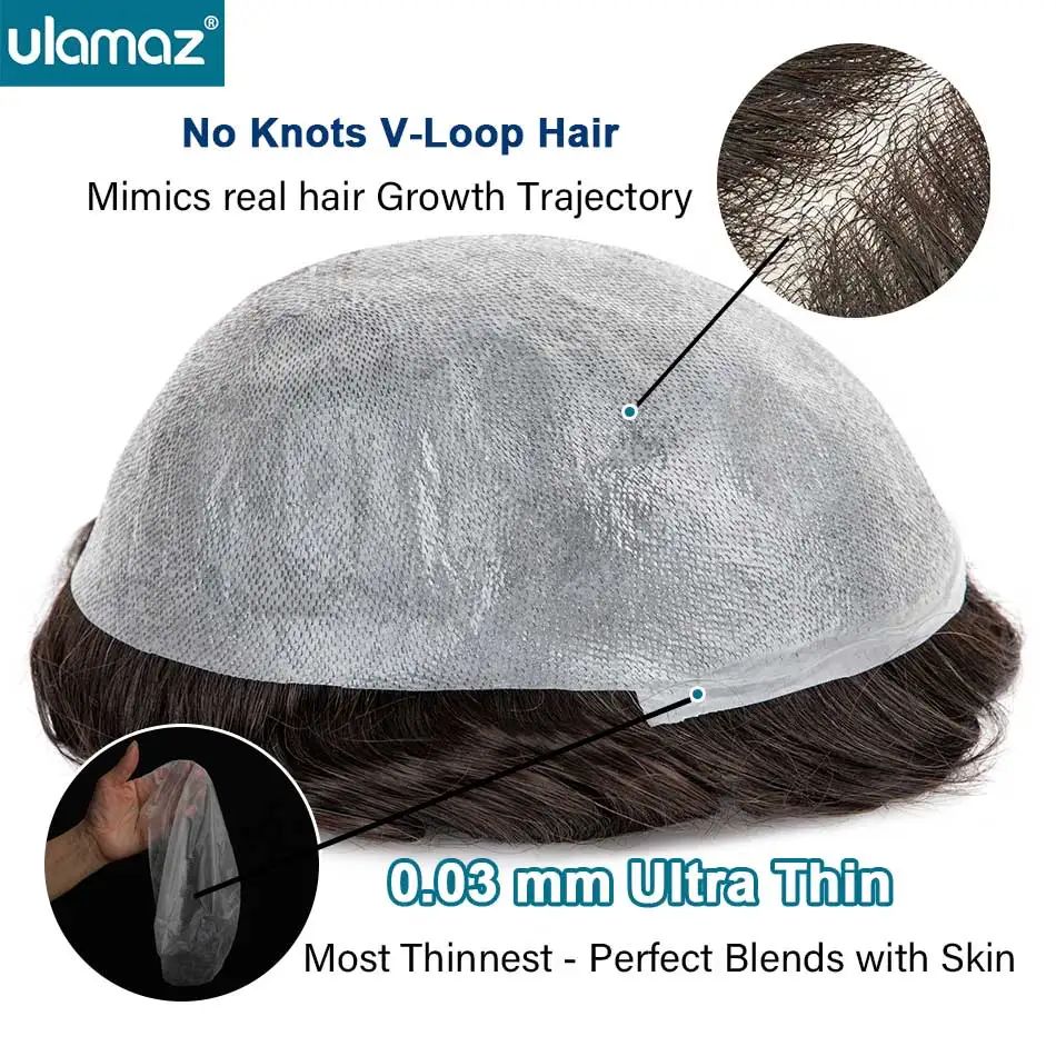 0.03 Ultra Thin Skin Toupee Undetectable Men's Capillary Prosthesis Realistic Wig Man Human Hair Microskin Hair System For Man