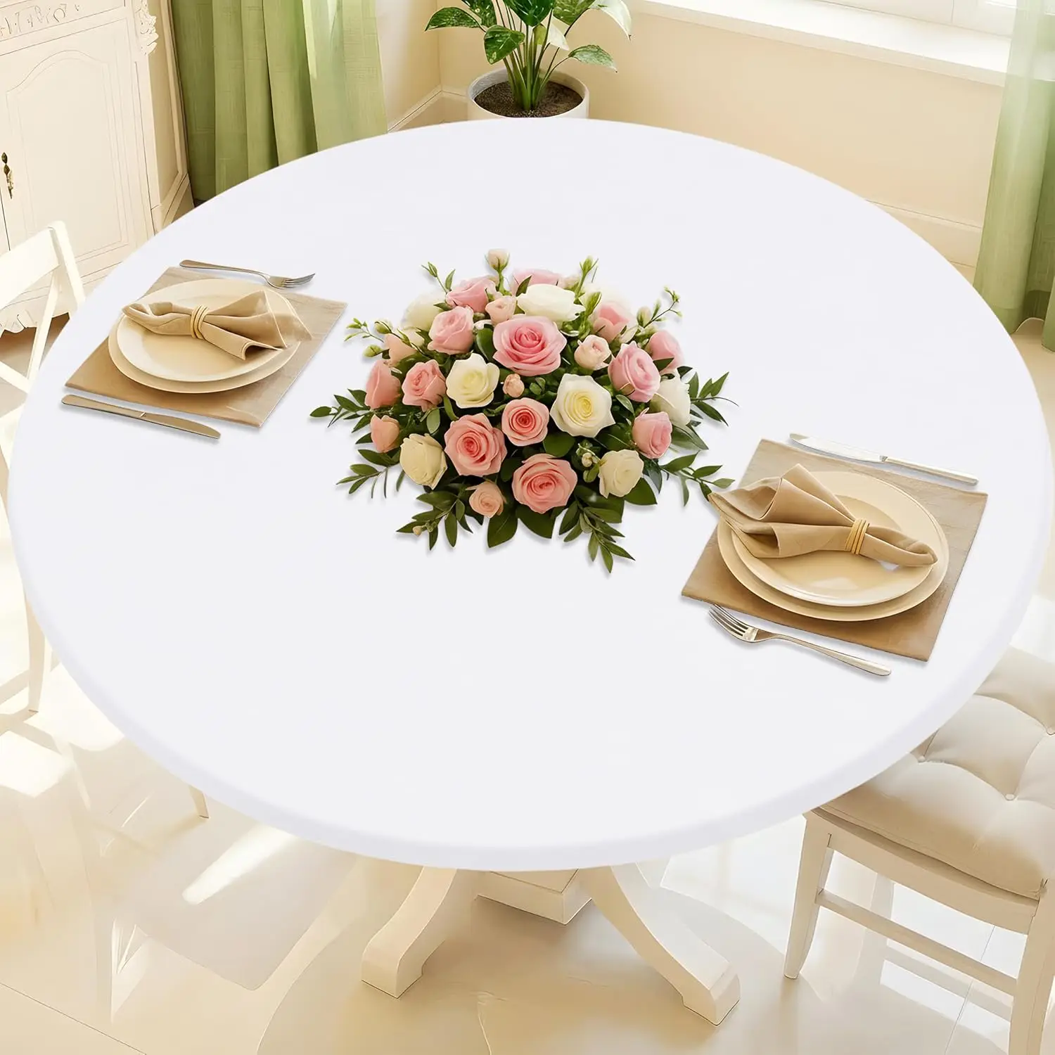 Spandex Stretch Cocktail Table Top Cover Fitted Round Tablecloth Elastic Edge Table Topper Cap for Dining Wedding Party Picnic image 3
