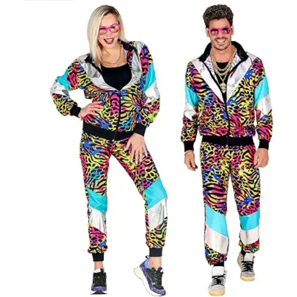 Vintage 80s Tracksuit Costume for Men & Women, 2Piece Jacket & Jogger Pants Set, Retro Aerobic Party Outfit
