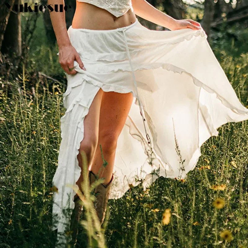 

Elegant Ruffles Skirt With Slit Y2k Fairycore Tie Up Low Rise Loose Long Skirts for Women Fashion 2023 Vintage 90s