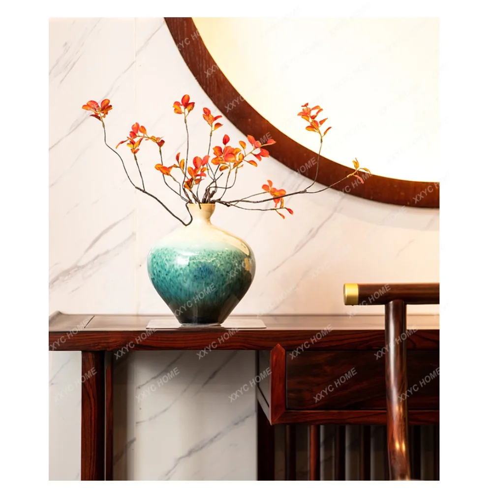 Green Glaze New Chinese Ceramic Vase DecorationLiving Room Flower Arrangement Dining Table Red Berry Flower Branch Flower Device