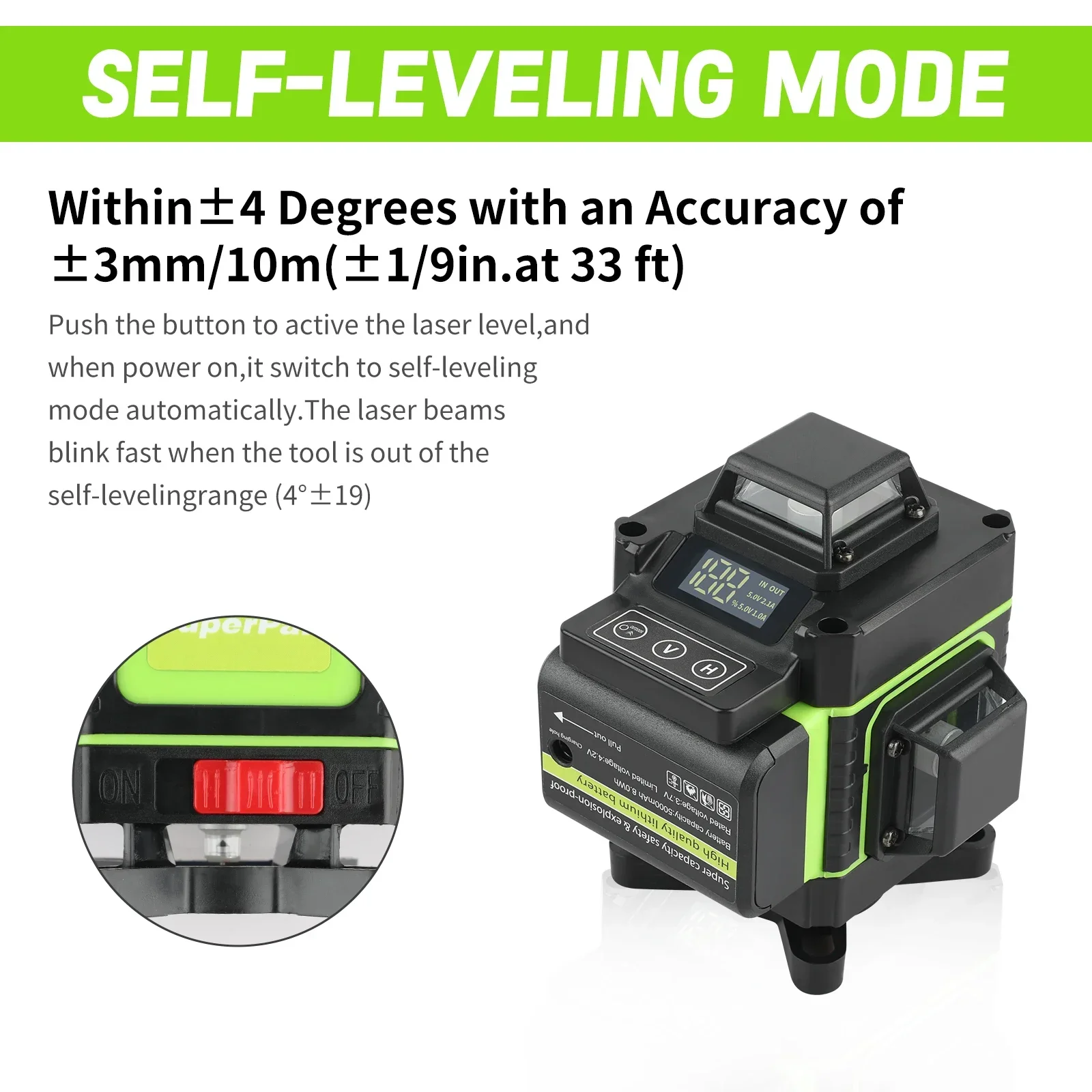16 Line 4D Laser Level  360°Self-leveling Horizontal and Vertical Cross Super Powerful Green Laser Beams Long endurance