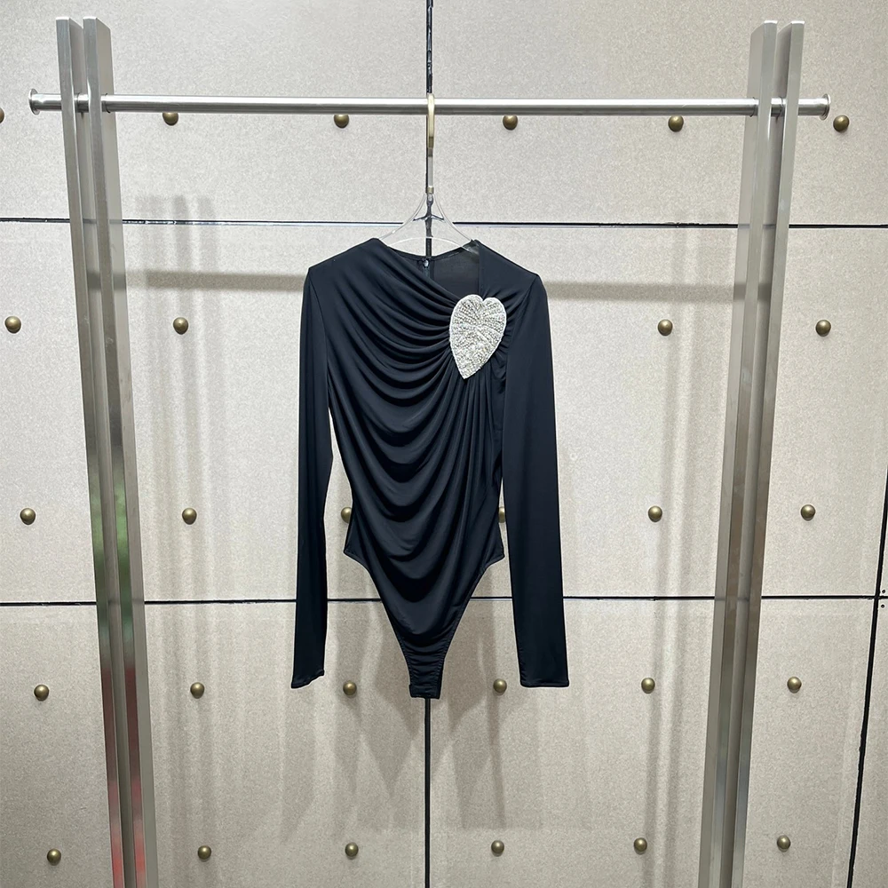 Women Long Sleeve Bodysuit Draped Ruched One‑Piece Top Rhinestone Heart Appliqué Slim Fit Elegant Top Y2K Party Club Streetwear