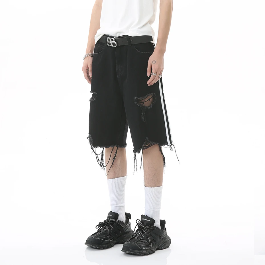 Side Striped Ripped Denim Shorts Fashion Distressed Tassel Black Jeans Shorts Men Summer Streetwear Harajuku Hip Hop Y2K Shorts