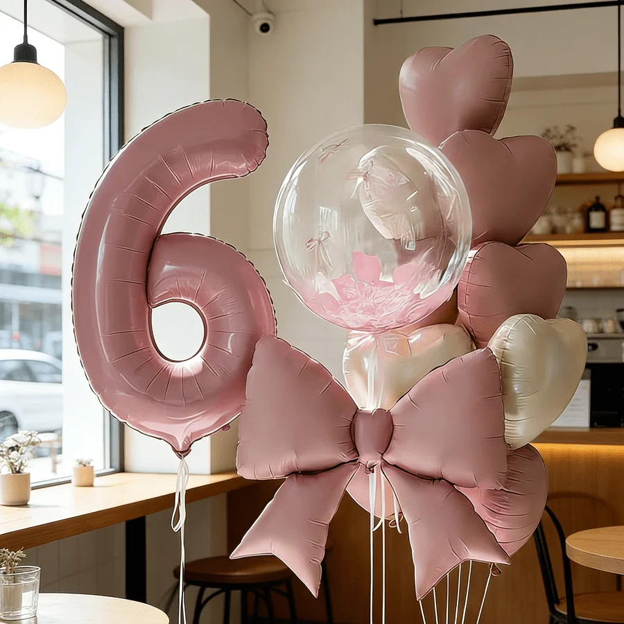 18-teiliges Rosa Geburtstagsparty-Set, 32-Zoll-Zahlen- und 0-9-Folienballons, Transparente, Matte Rosa Schleifen, Macaron- und Creme-Herzballons Deko
