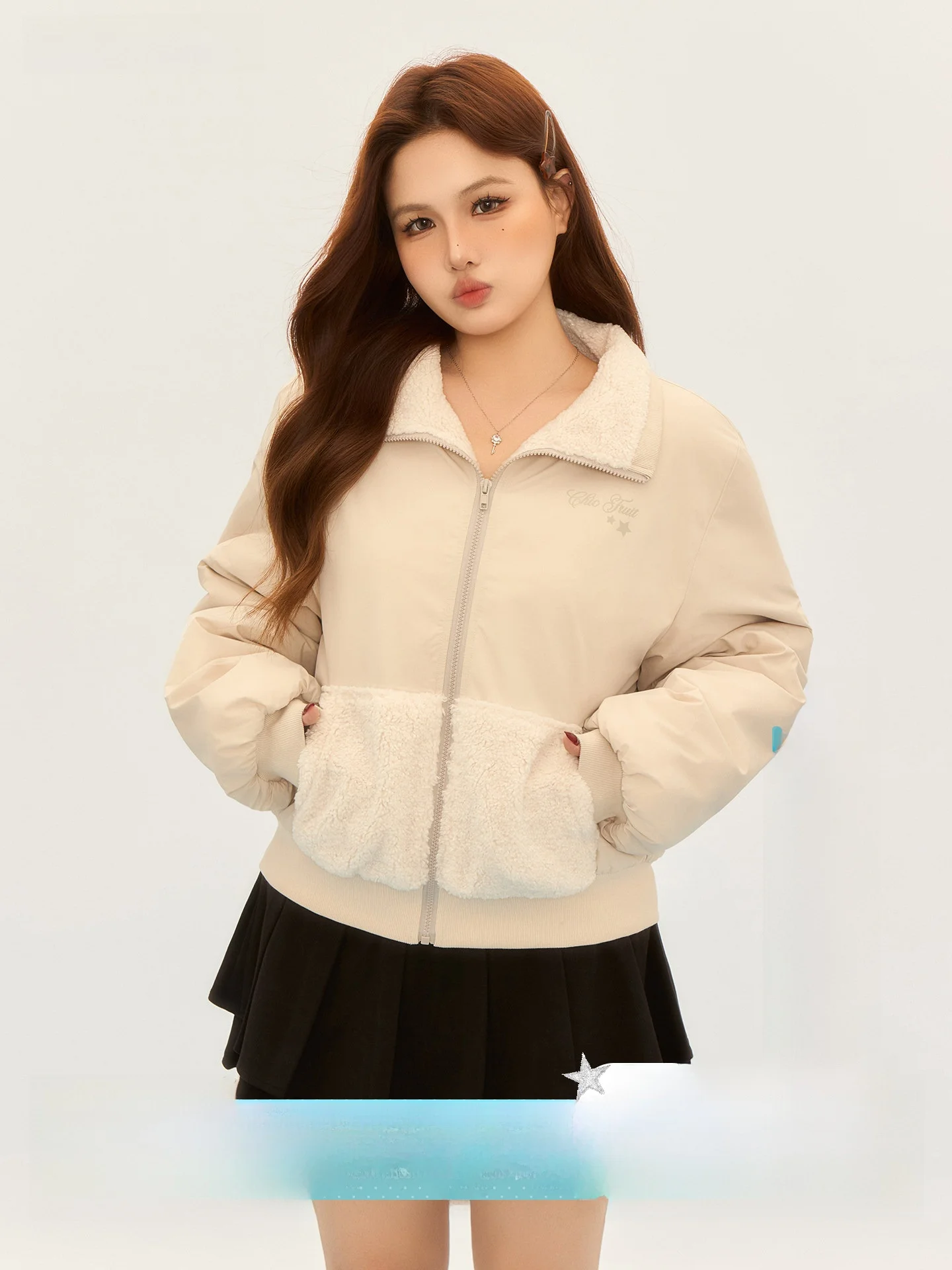 

CHIC FRUIT L Lamb Velvet Lined Jaet Casual Sle Women's Spring Outerwear plus Size Comfortable Fit Fruit Patterned Top