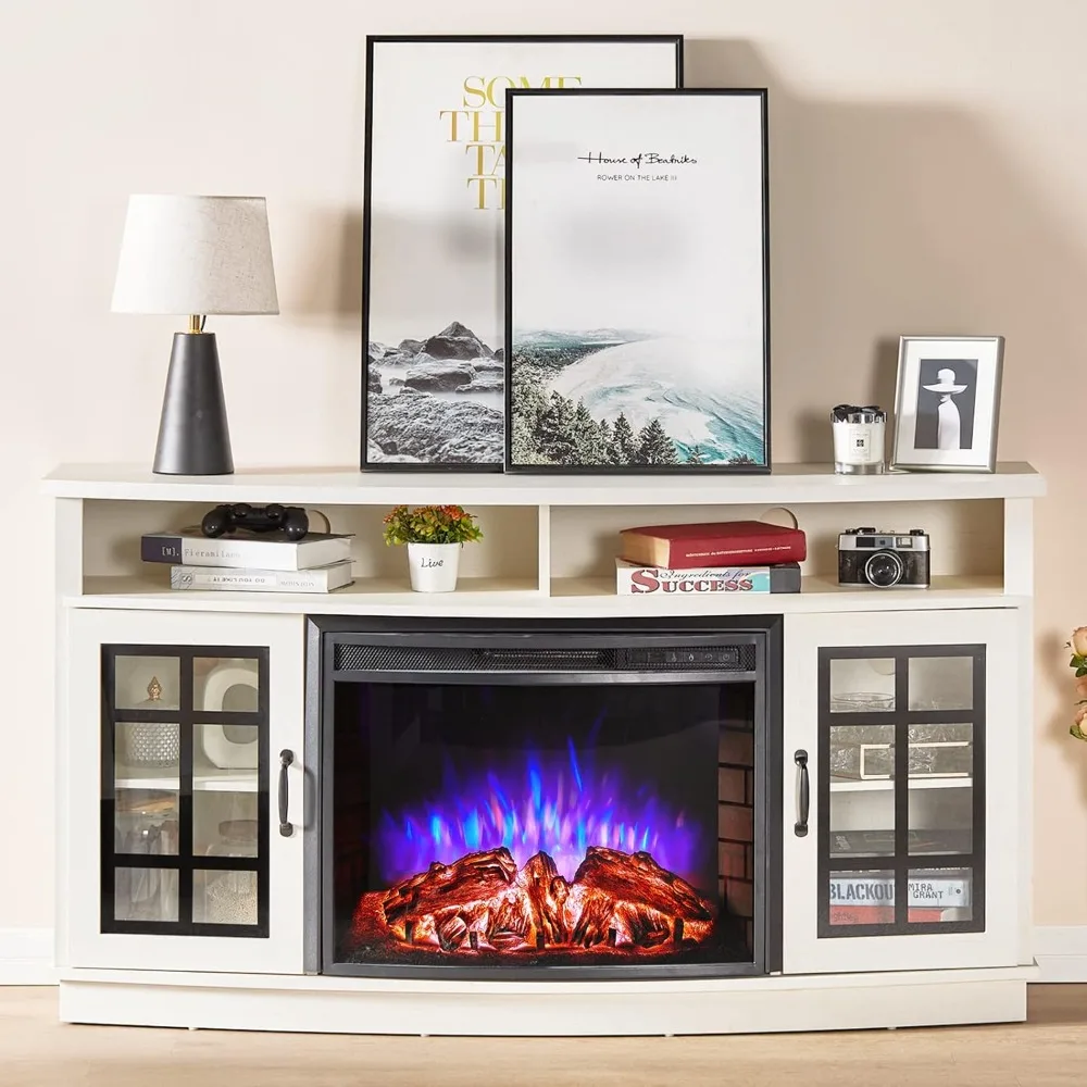 

Curved Fireplace TV Stand with 26'' Electric Fireplace, Media Entertainment Center Farmhouse Glass Door Storage Cabinet