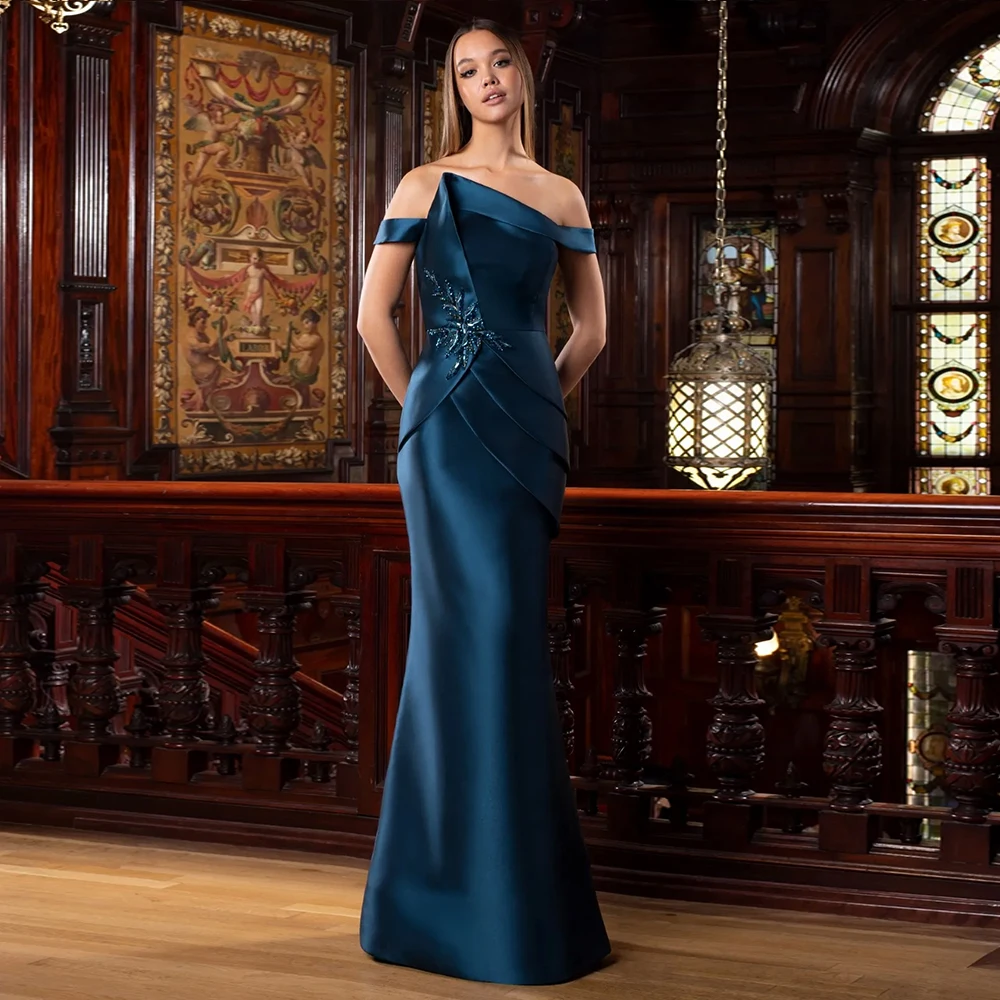 カスタマイズされたエレガントなラベンダーの花嫁の母のドレス オフショルダー サテン ウェディング パーティー ドレス アップリケ マーメイド フロアレングス