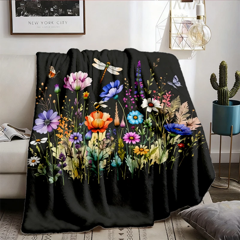 Boho Wildflower Flannel Blanket, Vintage Pressed Botanical Throw, Cottagecore Garden Lover Gift