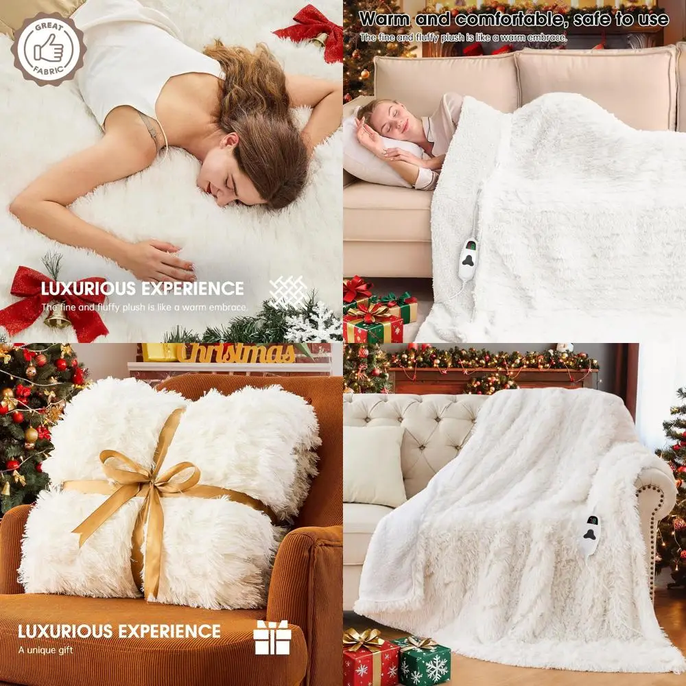 

Faux Fur Sherpa Electric Blanket, 10 Heat & 5 Timer Options, Fast Warming, 50x60, Snow Cloud