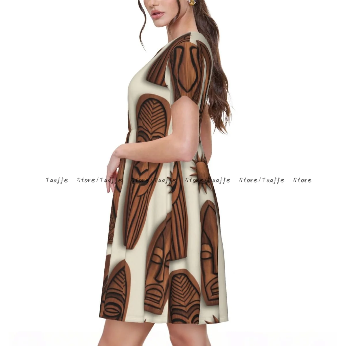 Women Casual Elegant Dress Wood Surfing Boards And Signs Pattern Short Sleeves Loose Dresses Weekend Holiday