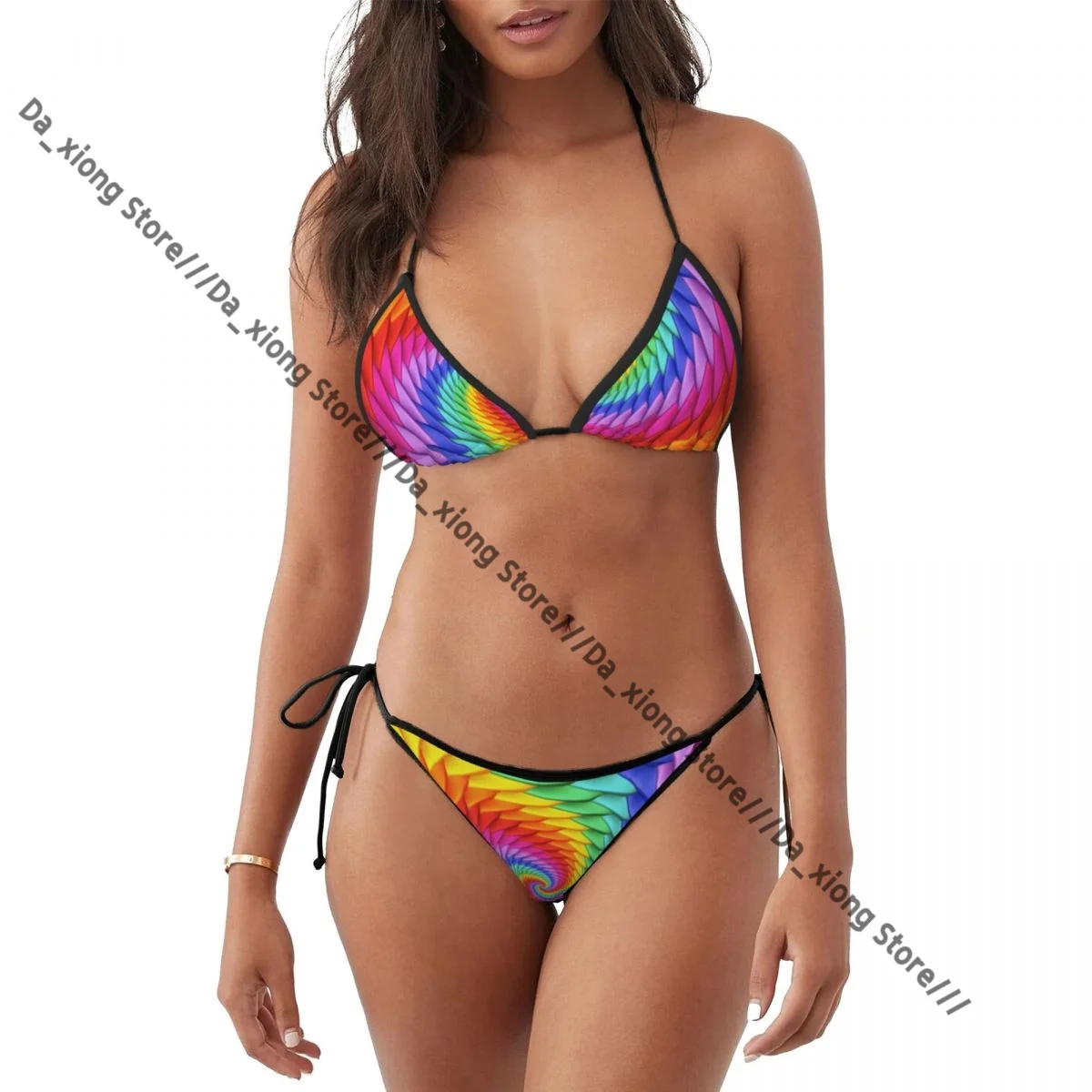 Woman Swimwear Thong Bikini Set Sexy Swimsuits Psychedelic Rainbow Spiral Bathing Suits Triangle Bandage Female Beachwear