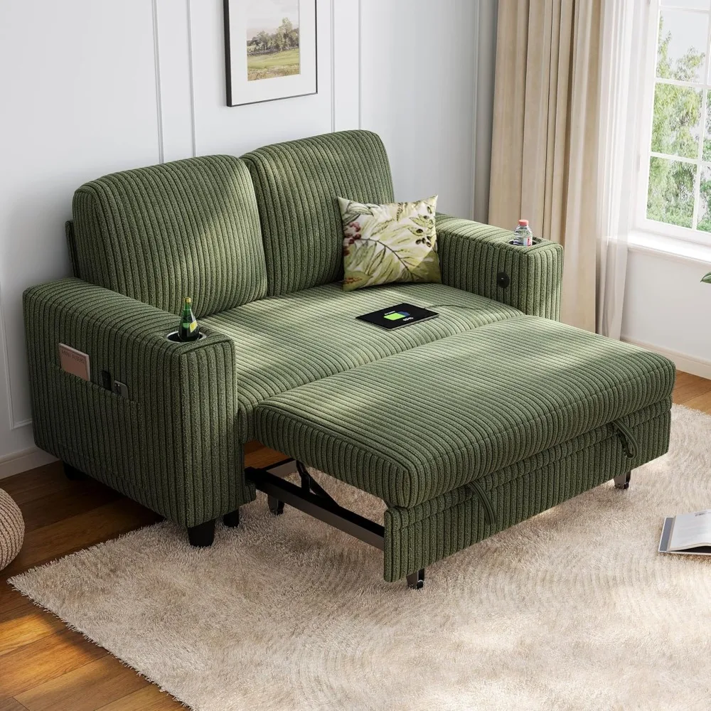 

Convertible Loveseat Sofa with Pull Out Chaise USB Charging Cup Holders Green Corduroy