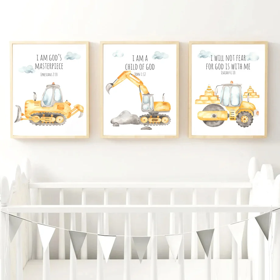 Construction Bible Verse Truck Excavator Wall Art Canvas Painting Nordic Posters And Prints Wall Pictures Boy Kids Room Decor