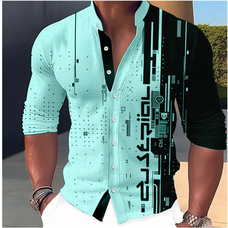 Heren Shirt Geometrische Print Patroon Opstaande Kraag Witte Outdoor Streetwear Lange Mouwen Kleding Mode Casual Kleding Design