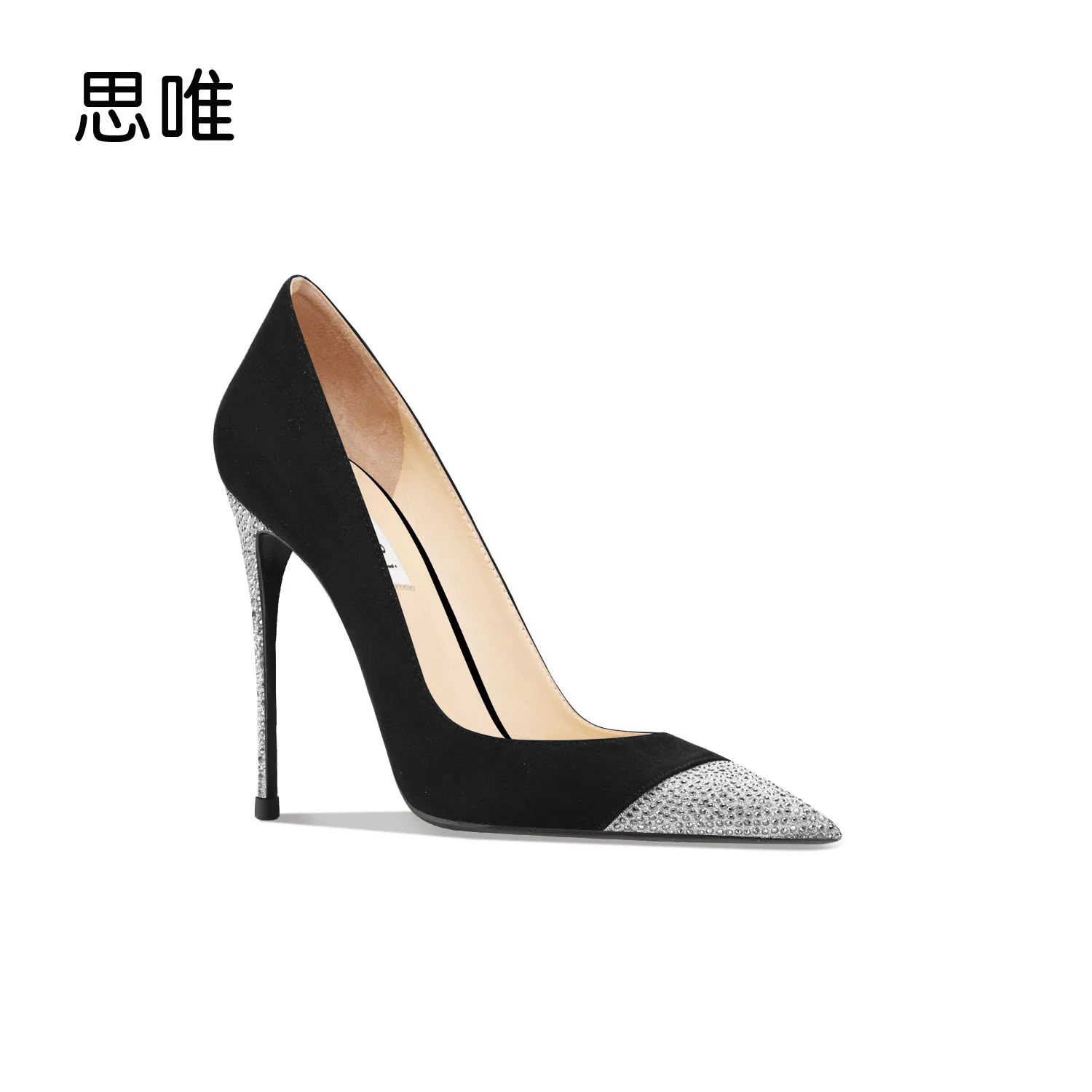 Genuine Leather Heels For Women 2024 Luxury Autumn High Heels Shoes Rhinestone Pumps Black Suede Pointed Toe Sexy Party Ladies