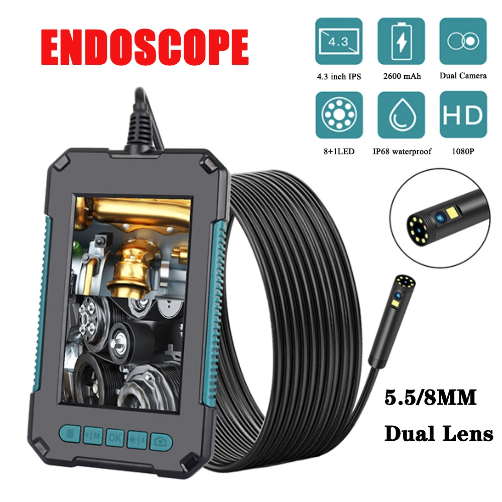 

Industrial Endoscope Camera Dual Lens 4.3" IPS Screen HD1080P Pipe Car Inspection Borescope IP68 Waterproof LEDs 2600mAh