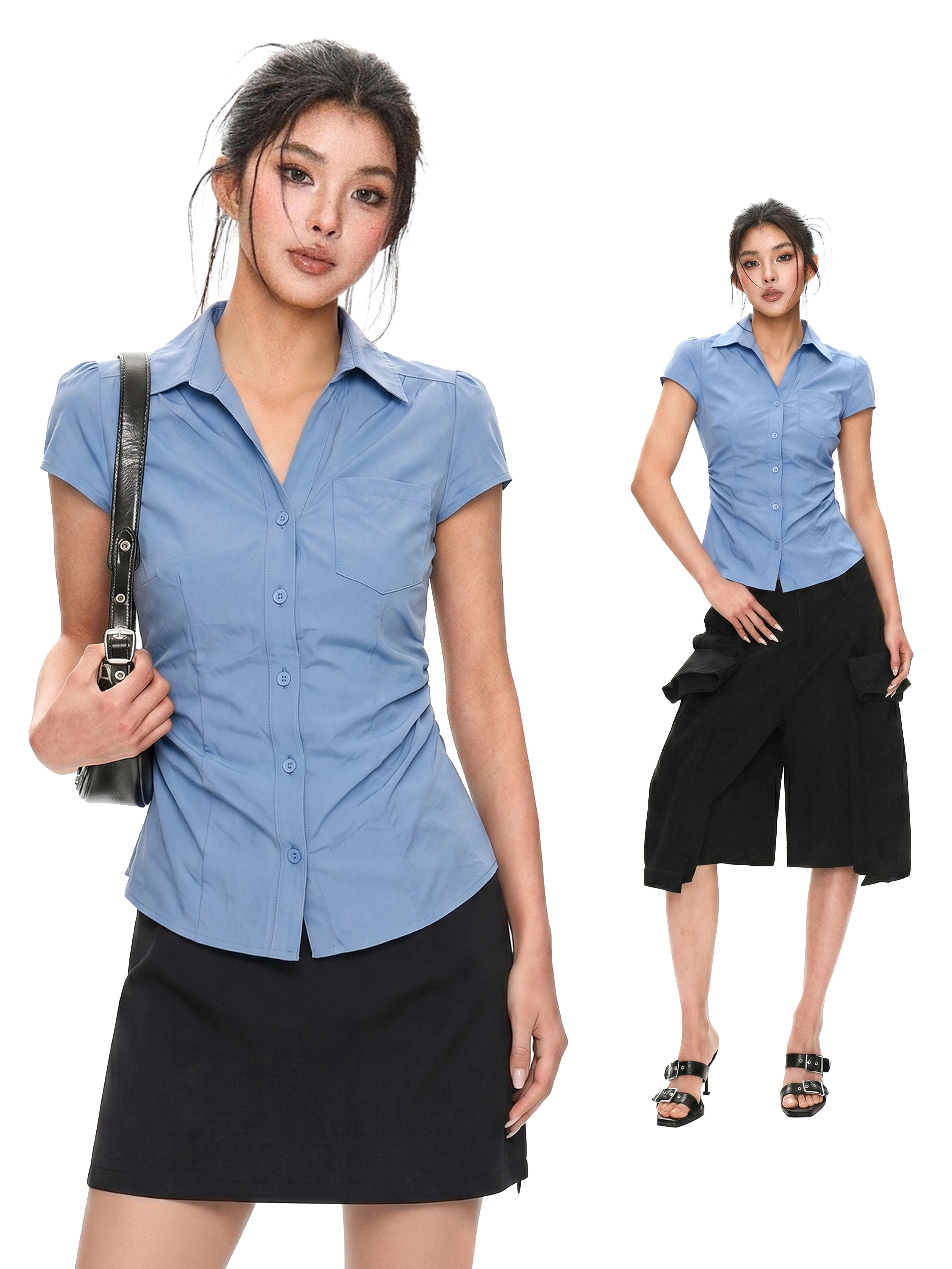 

RreReal American Blue Short Sleeve Shirt Women Summer College Style Waist Cinched Slim Fit Sexy Short Top Commute Style