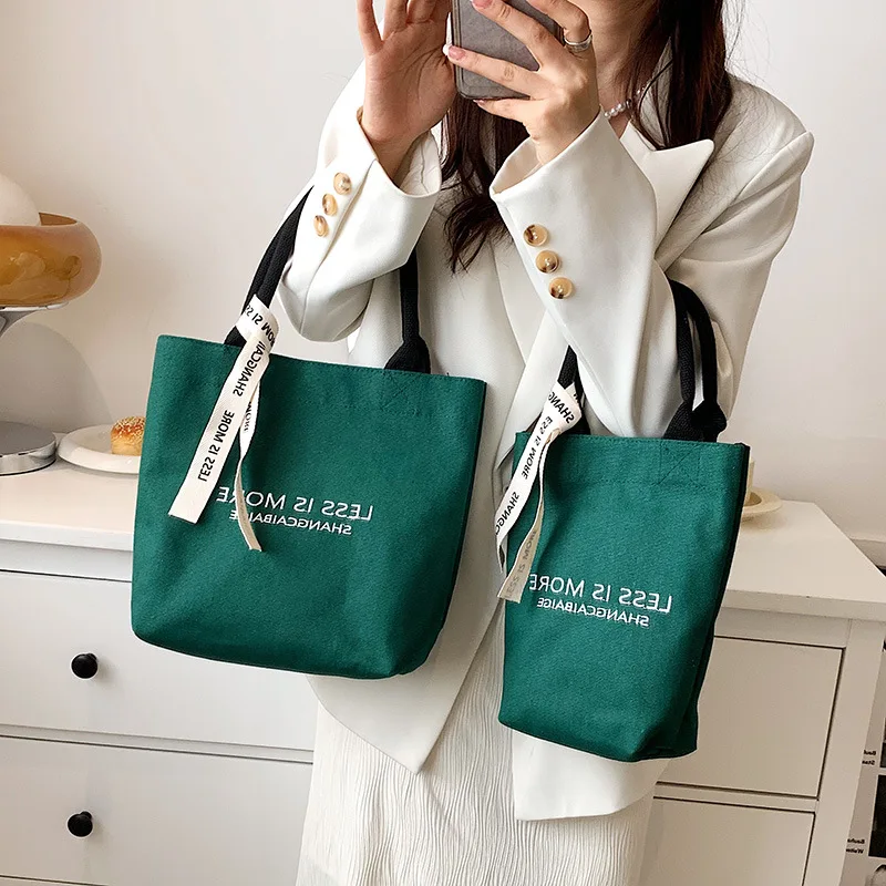 New 2023 Bucket Bag Large Capacity Handbag Canvas Tote Simple Trend Solid Color Pocket Letter Large Capacity Casual All-match