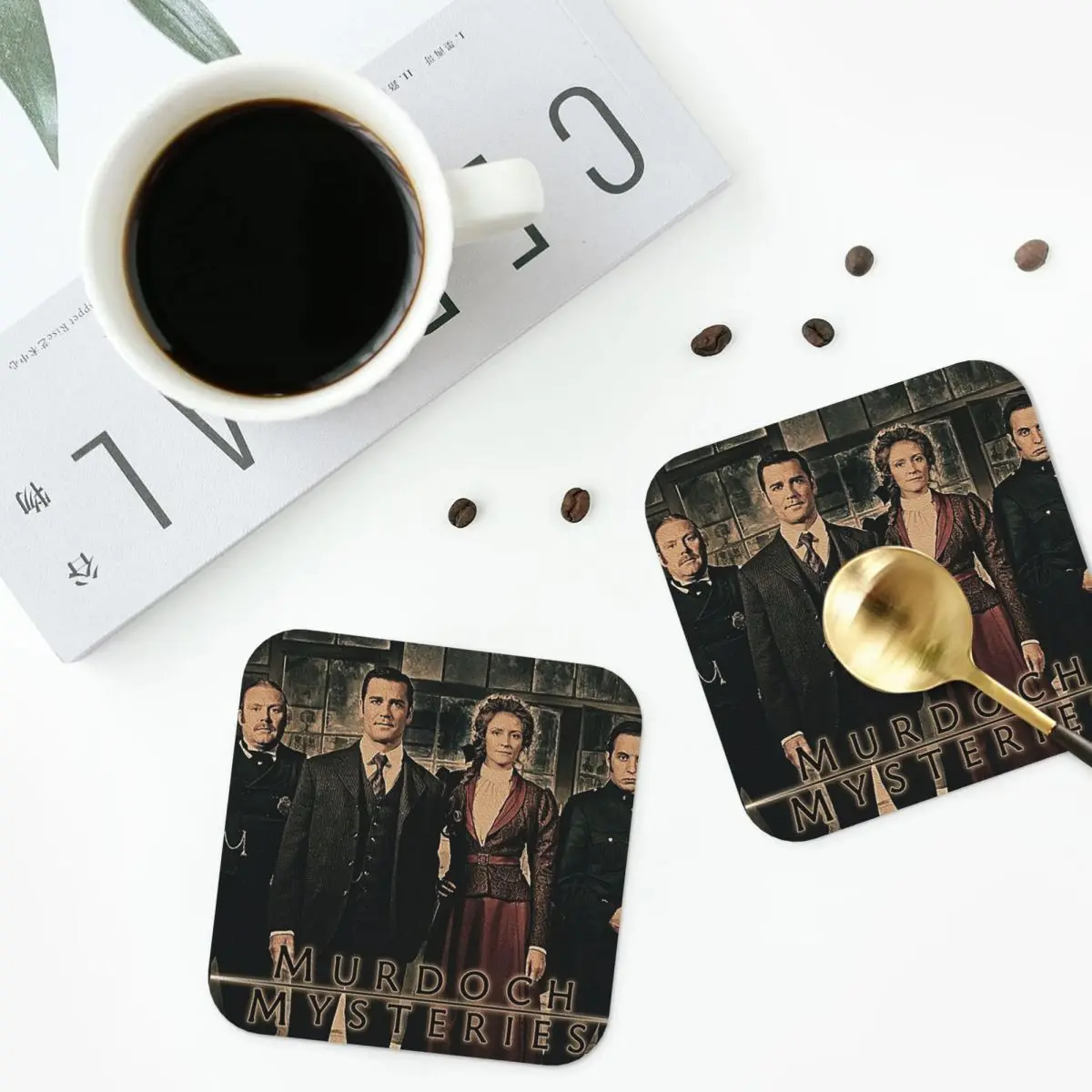 Murdoch Mysteries Dramatic Prin Coasters PVC Leather Placemats Waterproof Coffee Mats for Home Kitchen Dining Pads Set of 6