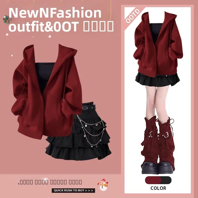 

Faionable Красная толстовка с капюшоном «Тет и пышная юбка», комплект футболки, костюм на Новый год, осенне-зимний наряд, длинный свек, женский Ense...