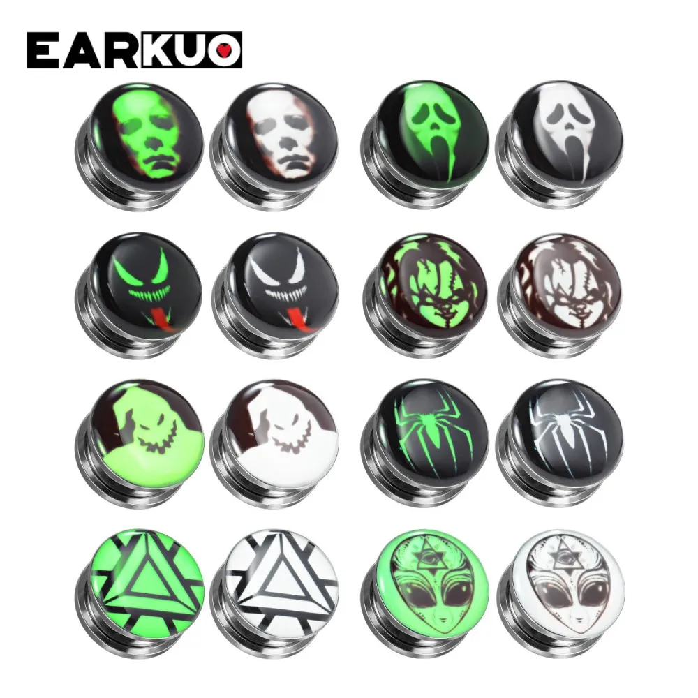 EARKUO Fancy Popular Stainless Steel Luminous Ear Gauges Plugs Stretchers Piercing Body Jewelry Earring Expanders 2PCS 6-30mm