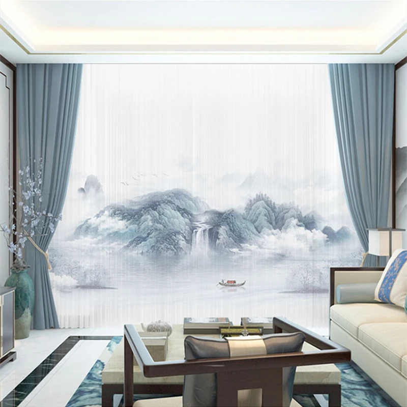 Custom Chiffon Sheer Curtain Window Drape for Bedroom Living Room Mountain Hills River Boat Sunrise Trees Landscape