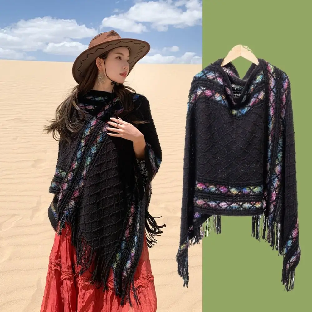 

Retro Printing Ethnic Style Scarf Rhombic Bohemia Imitation Cashmere Shawl Fashion Large Knitted Cape Women