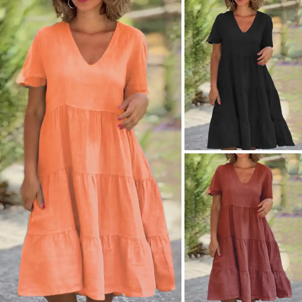 

Lady Midi Dress Flattering V-neck A-line Swing Dress Stylish Patchwork Hem Short Sleeves Loose Fit for Dating Commute V-neck