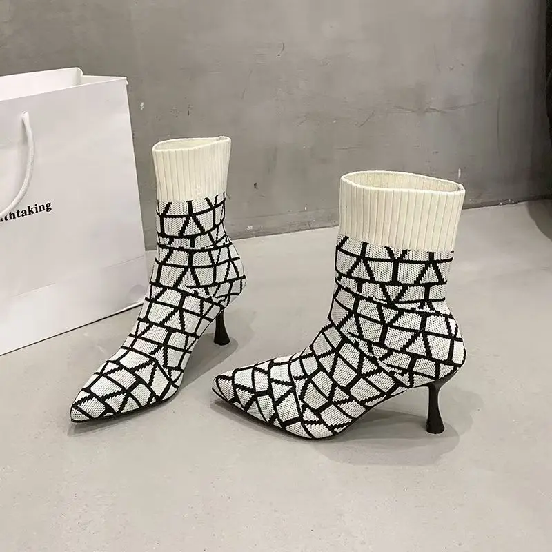 Spring Autumn Women's Shoes Stylish And Beautiful With Elastic Stockings Pointed Toe High Heel Mid-calf Length For Casual Wear