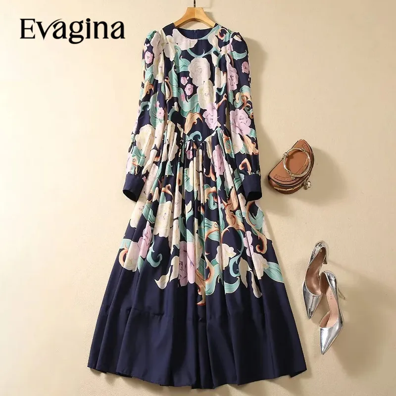 

Evagina New Fashion Runway Designer Women's Blue Print Long-Sleeved High-Waisted Splicing Mid-Length Big Swing Dress