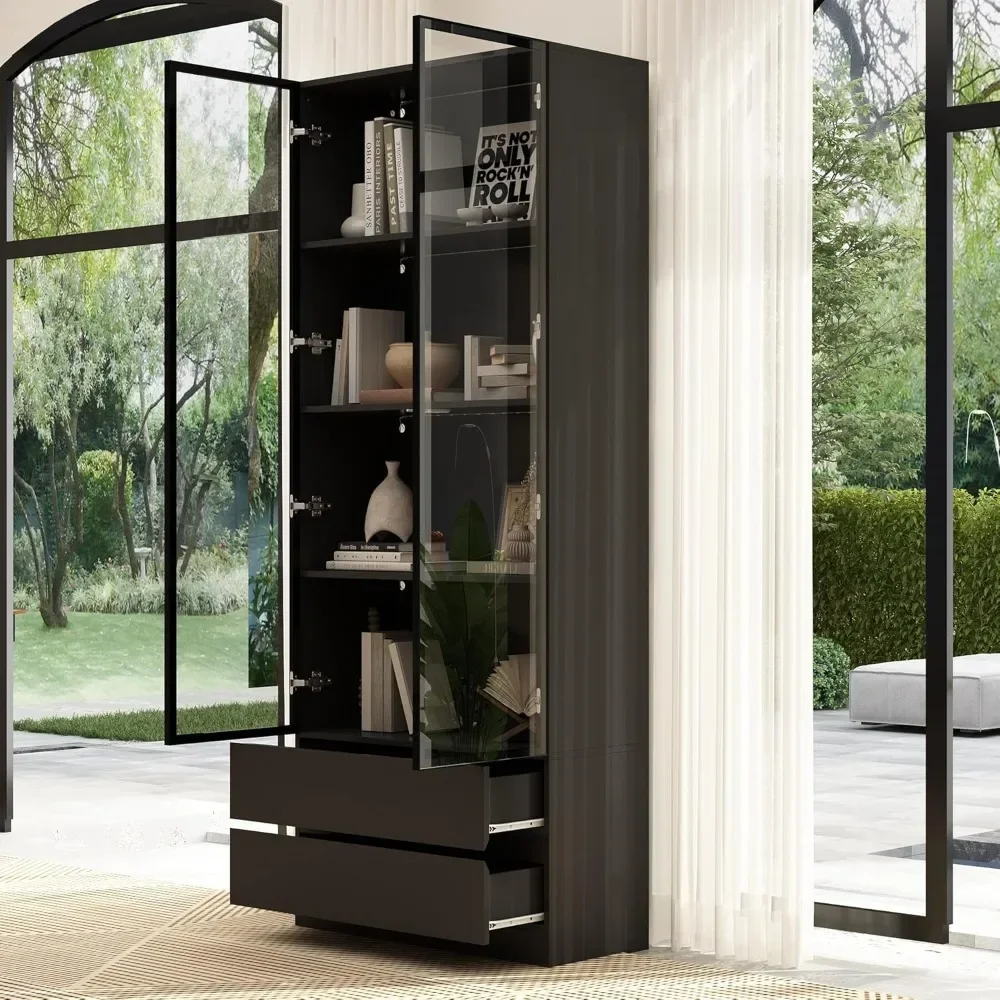 Glass Door Cabinet with Lights and 4 Storage Shelves, Tall Modern Display Storage Organizer with 2 Drawers and 2 Doors