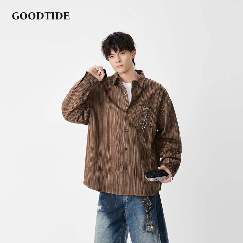 2025 Spring Autumn Men's Casual Long Sleeve Shirt Fashion Vertical Striped Pattern Chest Pocket Design Comfortable Button Up Top